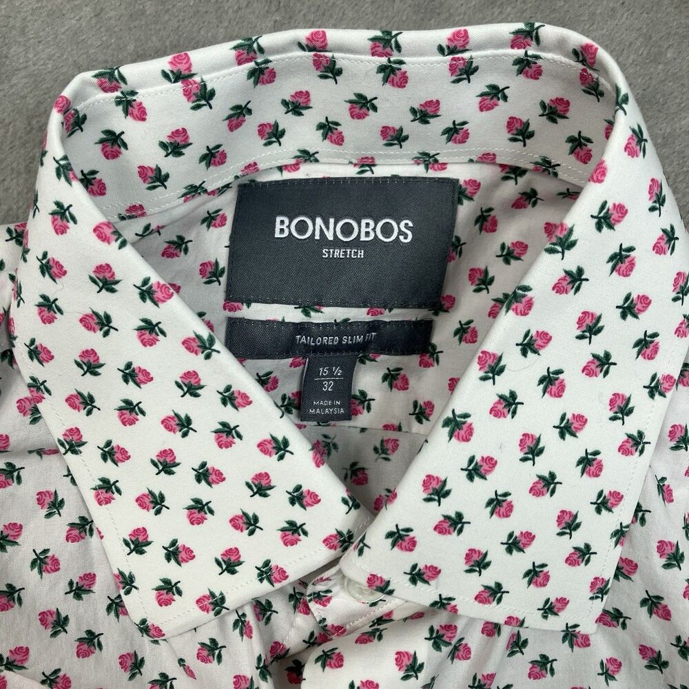 Bonobos Floral Dress Shirt Mens 15.5 32 White Pink Rose Print Slim Fit Stretch